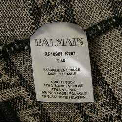 Pre Owned Balmain Black/Grey Logo Striped Stretch Knit Crop Top S