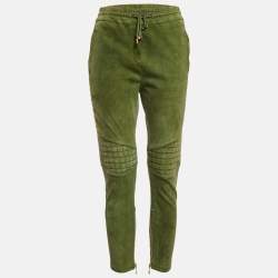 Balmain Olive Green Suede Quilt Detail Pants M