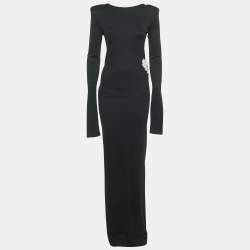 Balmain Black Eagle Embroidered Cotton Knit Plug Neck Maxi Dress M