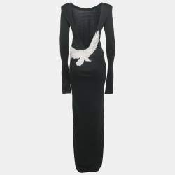 Balmain Black Eagle Embroidered Cotton Knit Plug Neck Maxi Dress M