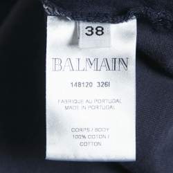 Balmain Blue Logo Print Cotton Button Detail Top M