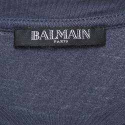 Balmain Blue Logo Print Cotton Button Detail Top M