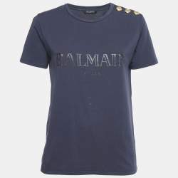 Balmain Blue Logo Print Cotton Button Detail Top M