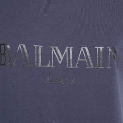 Balmain Blue Logo Print Cotton Button Detail Top M