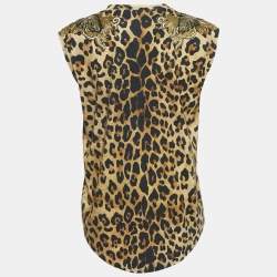 Balmain Brown Leopard Print Embellished Cotton Blend Knit Tank Top M
