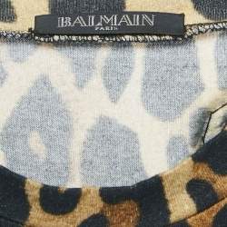 Balmain Brown Leopard Print Embellished Cotton Blend Knit Tank Top M