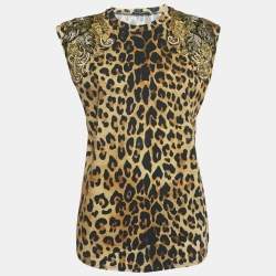 Balmain Brown Leopard Print Embellished Cotton Blend Knit Tank Top M