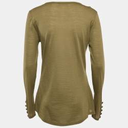 Balmain Olive Green Wool Button Detail Long Sleeve T-Shirt L