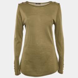 Balmain Olive Green Wool Button Detail Long Sleeve T-Shirt L
