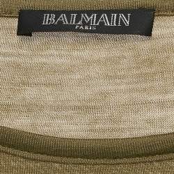 Balmain Olive Green Wool Button Detail Long Sleeve T-Shirt L