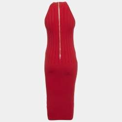 Pre Owned Balmain Red Rib Knit Button Detail Sleeveless Fitted Dress M