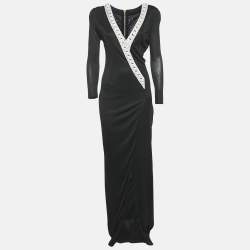 Balmain Black Jersey Crystal Embellished Slit Detail Maxi Dress L