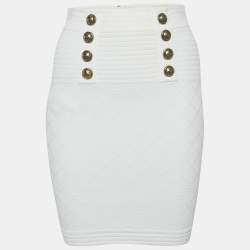 Balmain White Stretch Button Embellished Knit Mini Skirt S