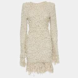 Pre Owned Balmain Beige Stretch Tweed Raw Edge Detail Mini Bodycon Dress M
