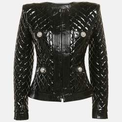 Balmain Black Faux Leather Button Detail Quilted Jacket S