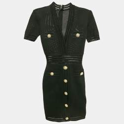 Balmain Black Mesh Knit Button Detail Bodycon Mini Dress M