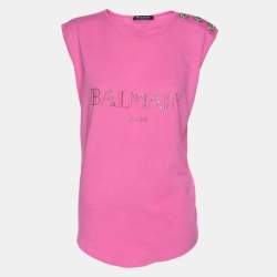 Balmain Pink Logo Print Cotton Knit Button Front Sleeveless Top M
