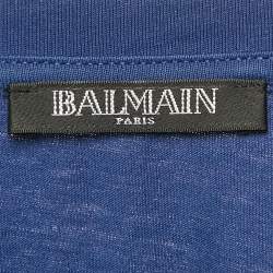 Balmain Blue Logo Print Cotton Button Detail T-Shirt M