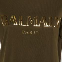 Balmain Green Logo Print Cotton Button Detail T-Shirt M