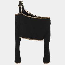 Balmain Black Rib Knit Chain Trim Off The Shoulder Crop Top M