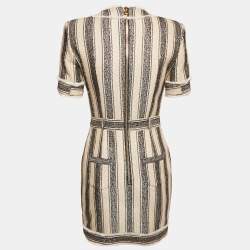 Pre Owned Balmain Beige/Black Frayed Sequin Striped Piqué Mini Dress S