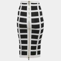 Balmain White/Black Intarsia Knit Zip-Up Pencil Midi Skirt S