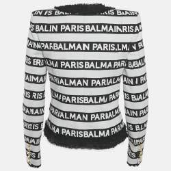 Pre Owned Balmain White/Black Striped Logo Cotton Tweed Trim Blazer M
