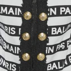 Pre Owned Balmain White/Black Striped Logo Cotton Tweed Trim Blazer M