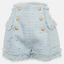 Balmain Blue Tweed Button Detail Fringed Shorts M