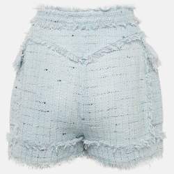 Balmain Blue Tweed Button Detail Fringed Shorts M