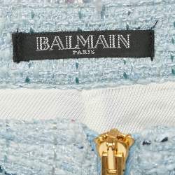 Balmain Blue Tweed Button Detail Fringed Shorts M