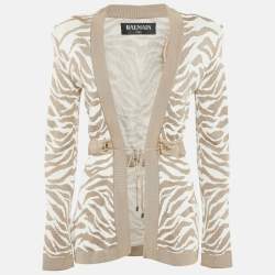 Balmain Beige/White Zebra Pattern Jacquard Knit Drawstring Detail Cardigan S