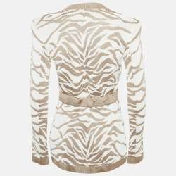 Balmain Beige/White Zebra Pattern Jacquard Knit Drawstring Detail Cardigan S