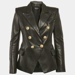 Balmain Black Leather Double Breasted Jacket M