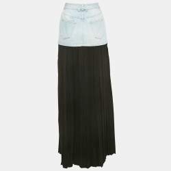 Balmain Blue/Black Denim and Lurex Knit Pleated Maxi Skirt M