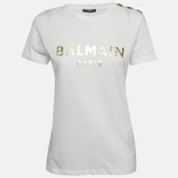 Balmain White Logo Print Cotton Button Detail T-Shirt XS