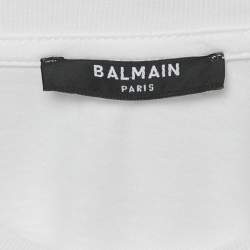 Balmain White Logo Print Cotton Button Detail T-Shirt XS
