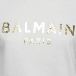 Balmain White Logo Print Cotton Button Detail T-Shirt XS