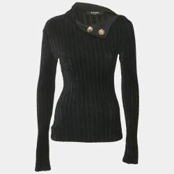 Balmain Black Velvet Rib Knit Pullover S