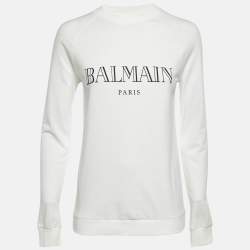 Pre Owned Balmain White Logo Print Cotton Crew Neck Sweatshirt S