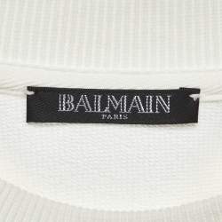 Pre Owned Balmain White Logo Print Cotton Crew Neck Sweatshirt S