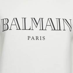 Pre Owned Balmain White Logo Print Cotton Crew Neck Sweatshirt S