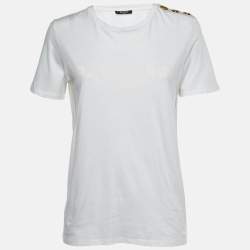 Balmain White Logo Print Cotton Button Detail T-Shirt M 