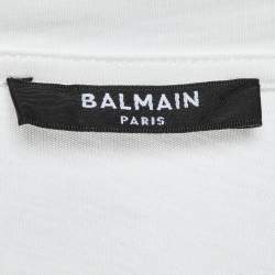 Pre Owned Balmain White Logo Print Cotton Button Detail T-Shirt M 