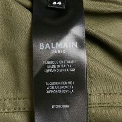 Pre Owned Balmain Green Shearling Collar Gabardine Crop Jacket S