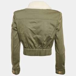 Pre Owned Balmain Green Shearling Collar Gabardine Crop Jacket S