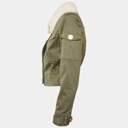 Pre Owned Balmain Green Shearling Collar Gabardine Crop Jacket S