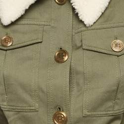 Pre Owned Balmain Green Shearling Collar Gabardine Crop Jacket S
