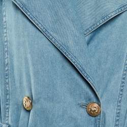 Pre Owned Balmain Blue Denim Double Breasted Belted Long Coat S