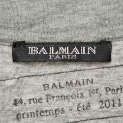 Pre Owned Balmain Grey Printed Cotton Knit Pin Detail T-Shirt M
